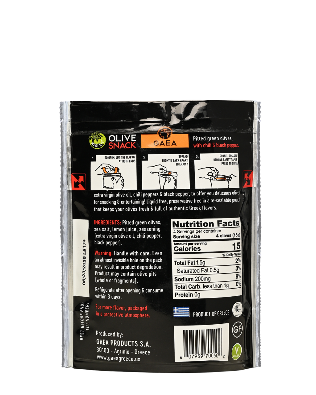 GAEA Green Olives Marinated with Chili & Pepper share pack 65gr