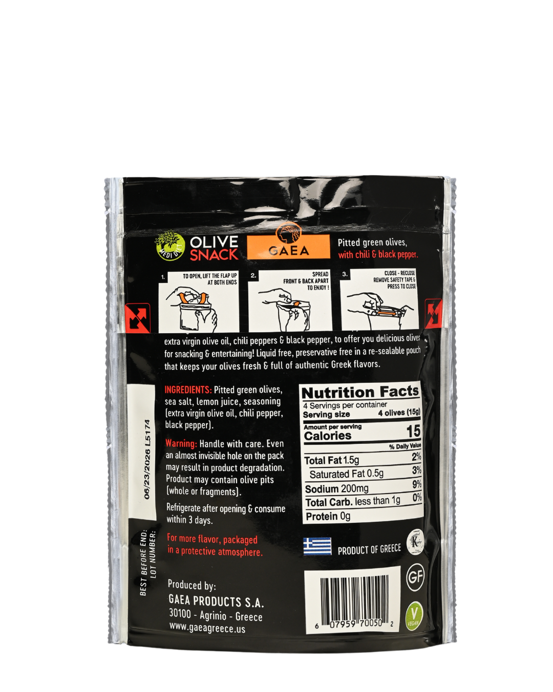 GAEA Green Olives Marinated with Chili & Pepper share pack 65gr