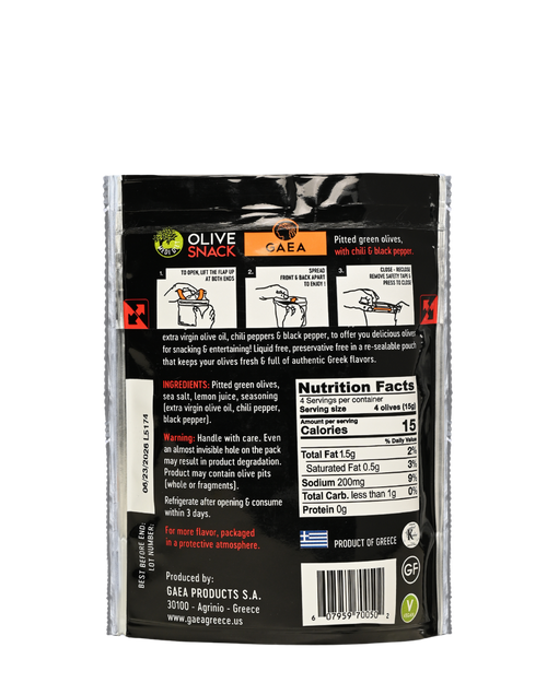 GAEA Green Olives Marinated with Chili & Pepper share pack 65gr