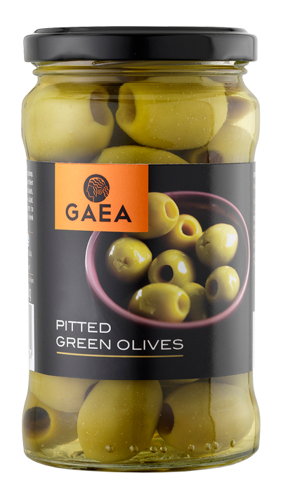 Gaea Pitted Green Olympian olives in brine 10.6oz